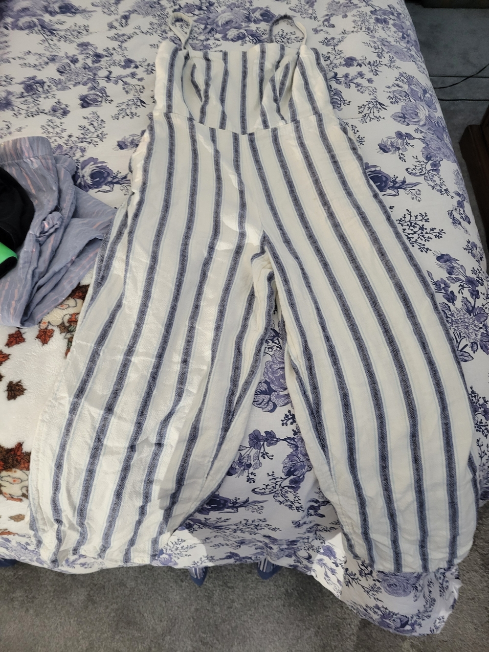 Striped White and Navy Wide-Leg Linen-Blend Jumpsuit